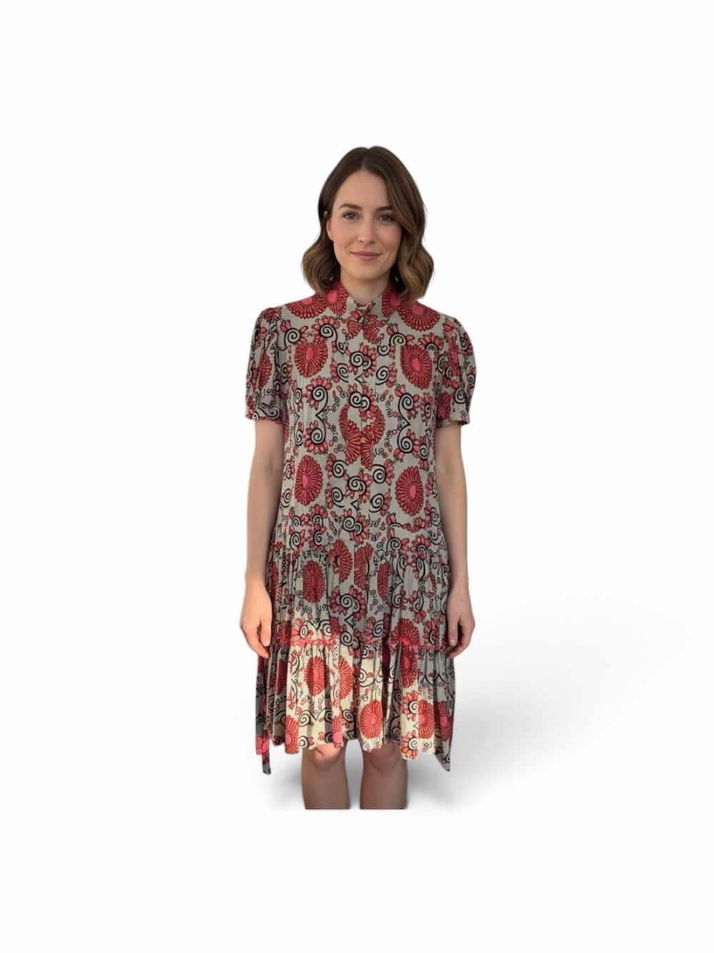 Feather & Find Retro Floral Midi Dress Puff Sleeve Tiered Boho Mod Pink